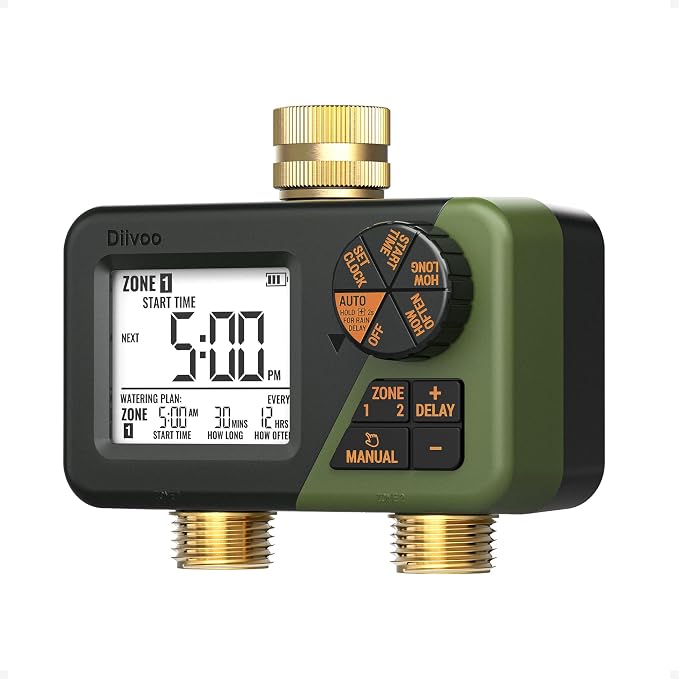 Brass Hose Timer 2 Outlets for Outdoor Watering, Diivoo IP66 Waterproof Programmable Sprinkler Timer with Large Digital Display, Rain Delay & Manual Watering for Garden Lawn Yard Automatic Irrigation