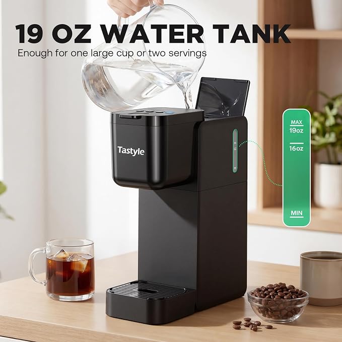 Tastyle Single Serve Coffee Maker Hot and Iced with Bold Brew, Up to 16 Oz | for K Cup and Ground, Fits 7.3'' Travel Mug, 5 Cup Sizes, Compact for Office, RV& Hotel, K320, 3.0 Version, Black