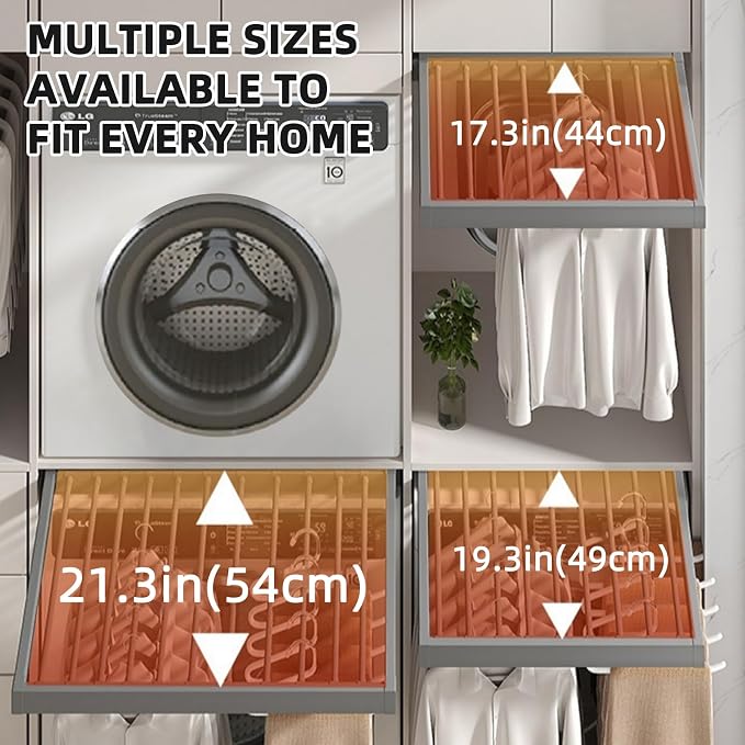 Hidden Pull Out Drying Rack, Extendable Pull Out Trousers Rack, Space Saving, Above Washing Machine Wardrobe, Aluminum Alloy, Soft-Close, Depth 19.29in Width 24-26in Grey