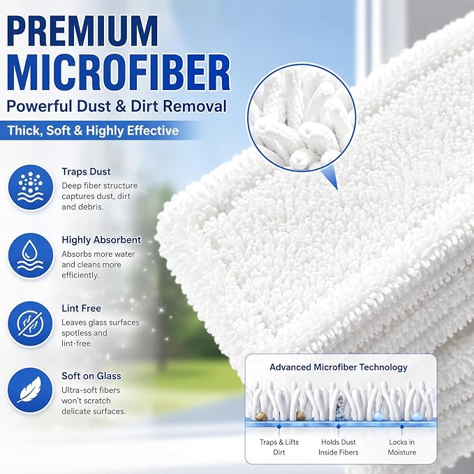 Microfiber Window Cleaning Refill Replacement - 4 Pack Reusable Pads, Compatible with Window Vacuum Squeegee Cordless, Multi-Purpose Scrubbing Tool Refill for Window Glass Cleaning Tools (White Cloth)