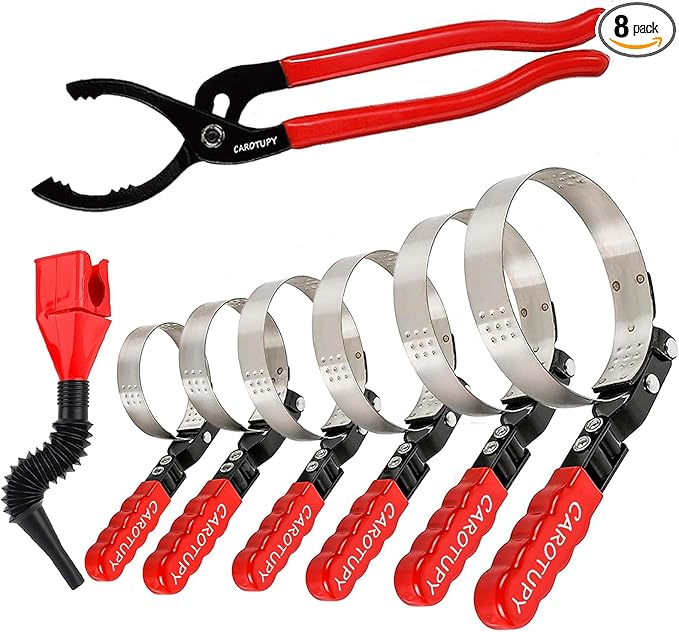 8pcs Oil Filter Wrench Set, 12" Adjustable Oil Filter Pliers with Flexible Oil Funnel, Oil filter Removal Tool Adjustable from 1-1/4"-5-2/5"