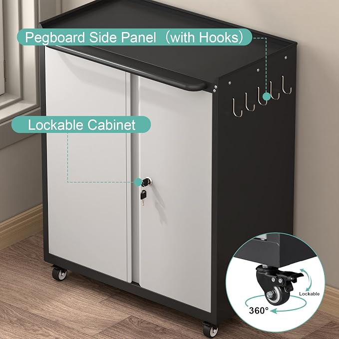 GREATMEET Garage Storage Cabinet with Wheels, Lockable Metal Storage Cabinet, Rolling Tool Cabinet with Adjustable Shelf, Push Handle for Shop, Home, Office, Black/Grey
