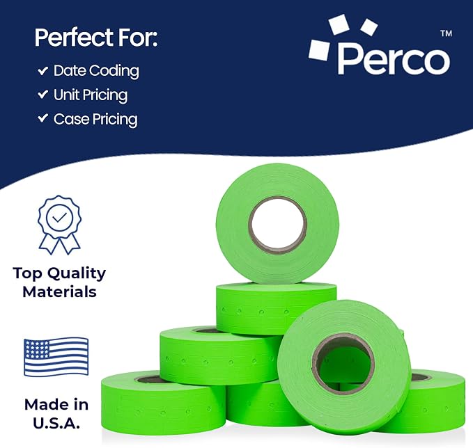 Perco 1 Line Fluorescent Green Labels - 32,000 Blank Price and Date Gun Labels for Perco Lite, X, Plus and Pro 1 Line Price and Date Guns - 32 Rolls, 4 Sleeves - Made in USA