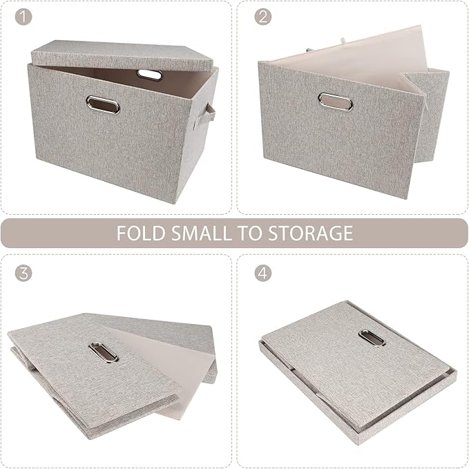 Graciadeco Large 17" 36 Quart Collapsible Stackable Storage Bins with Lids, 5 Packs Beige Linen Fabric Closet Boxes with Lids, Storage Cube Baskets Container Organizers for Bedroom Office(17 x12 x11)
