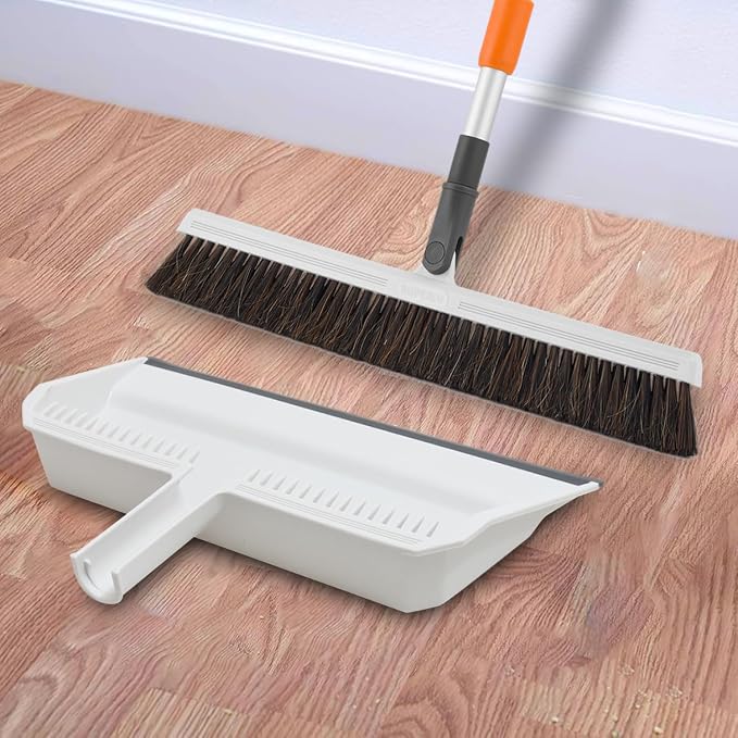 Superio 18" Horse Hair Upright Broom and 16" Dustpan with Comb – Narrow Thin Dust Broom for Dog Hair – Telescopic Handle – Floor Cleaning Set for Hardwood & Tile – Gray/White