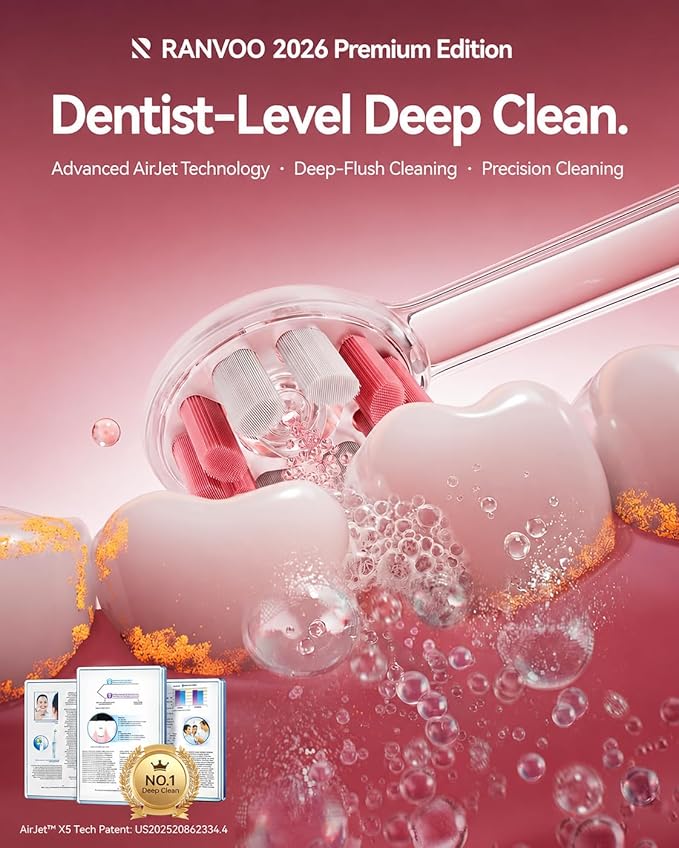 RANVOO AirJet X5 [Gift-Ready Pink Edition | Next-Gen Jet-Flow] Electric Toothbrush, 100% Plaque Removal, Whitening & Gum Care, 60-Day Battery Life, Rechargeable with 3 Pro Brush Heads, Cyclamen Pink