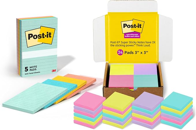 Post-it Notes Beachside Cafe Collection (4x6 in., 5 Pads, 660 Sheets) and Post-it Super Sticky Notes Bright Colors Collection (3x3 in., 24 Pads, 1680 Sheets)