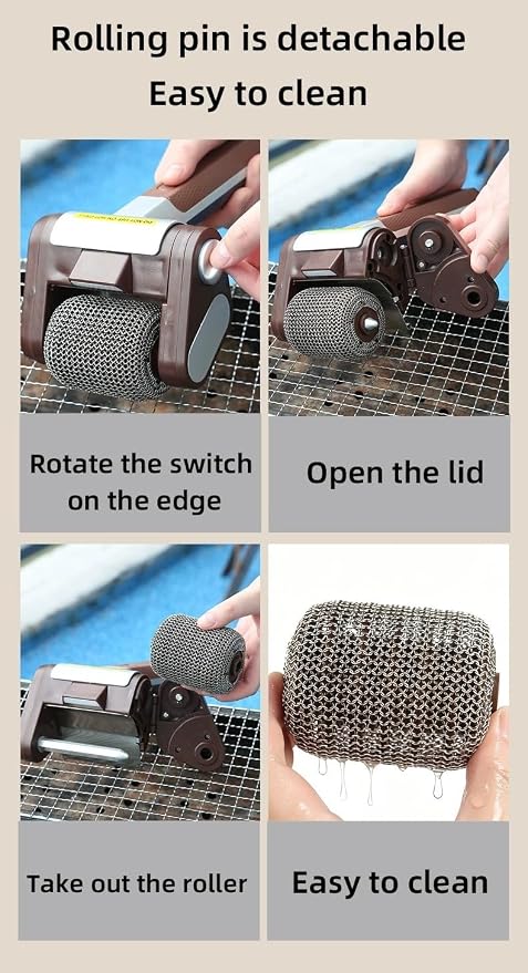 Cordless Electric Grill Cleaner with 2 Interchangeable Brush Heads, 350 RPM Rechargeable BBQ Scrubber with Bristle-Free Stainless Steel Roller + Bristle Brush for All Grills Black Gold