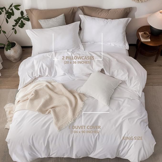 Linen Feel Duvet Cover King Size 104inch x 90inch,100% Washed Cotton Duvet Cover with Zipper Closure and 2 Pillowcases, Color of Bright White