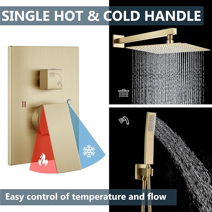 Aolemi Shower Faucet Set Rain Shower System with Handheld Spray Bathroom Shower Combo Rough-in Valve and Shower Trim Kit Included Brushed Gold 16 Inch Wall Mount Shower Head