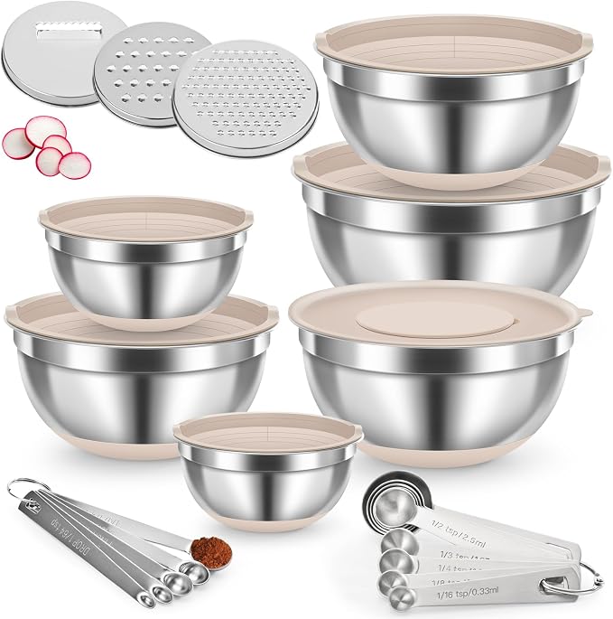 7QT 23PCS Mixing Bowls with Airtight Lid Set, Stainless Steel Nesting Bowls with 3 Graters, Non-Slip Base, Large Prep Bowls 7, 3.5, 2.5, 2, 1.4, 1QT & 14 Measuring Spoons Great for Baking, Serving