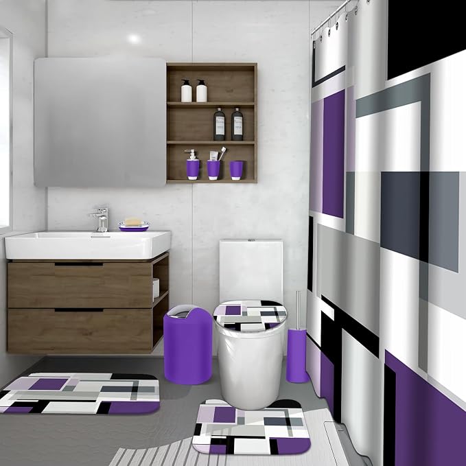Lnond Purple Bathroom Set, 23-Piece Purple Black Geometric Bathroom Decor Set with with Shower Curtain and Rugs, Trash Can, Toilet Brush Holder Set & Soap Dispenser