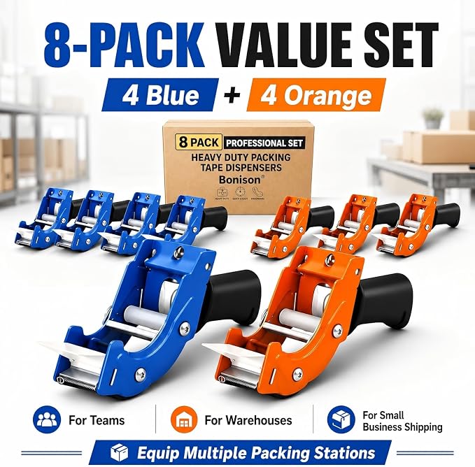 8 Pack Professional 3-Inch Tape Gun Dispenser, Heavy-Duty Packing Tape Dispenser for Shipping Boxes, Quick Reload, Works with Standard & Thick Tape, Ergonomic Handle for Warehouse, Moving & Office