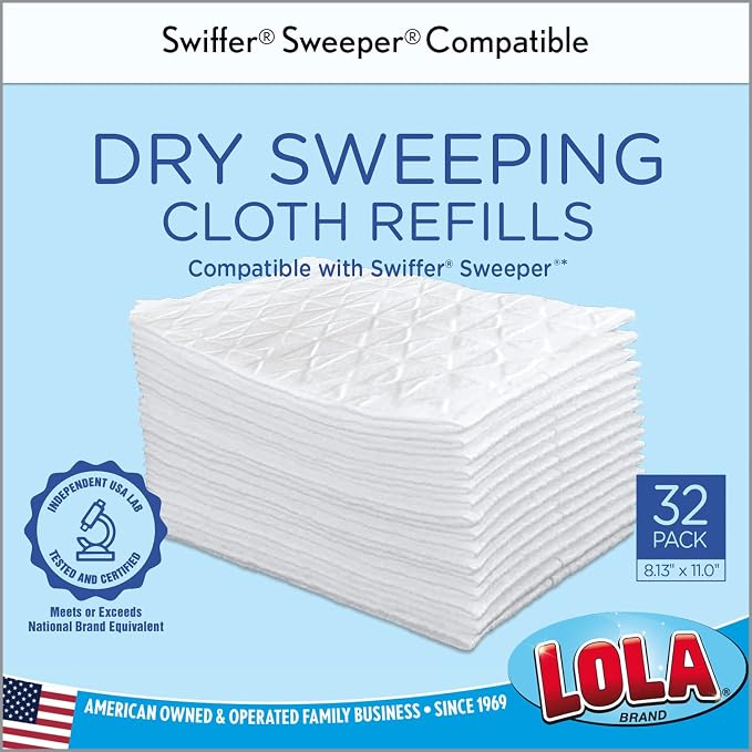 LOLA Dry Sweeping Cloth Refill Pads, 16 Pack, Unscented, Compatible with Swiffer Floor Mop, Comparable to Swiffer Refills, 11" x 8.13"