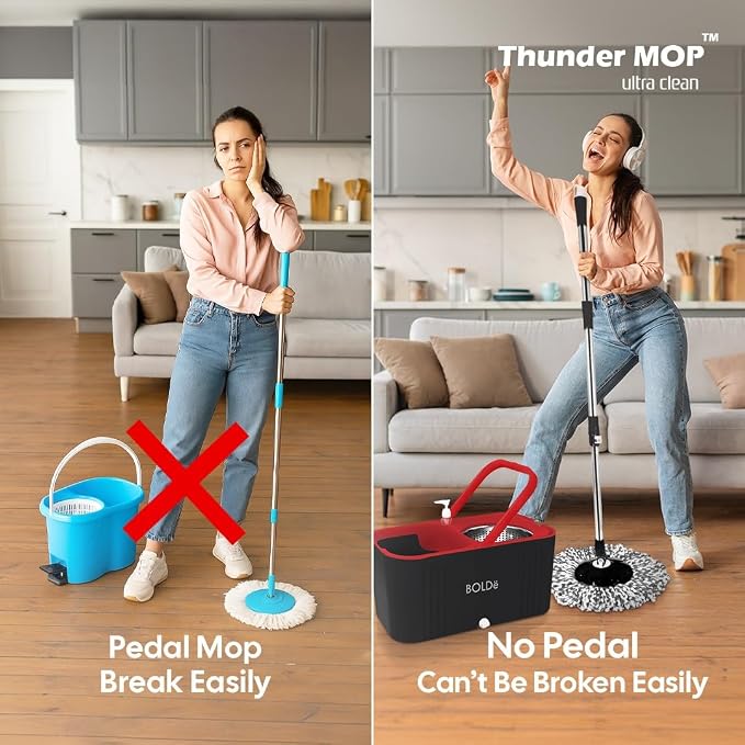 Thunder MOP Spin System - Ultra Clean - Single Bucket Microfiber Head, Stainless Steel Wringer, Antifungal Quick-Dry Cleaning, Soap Dispenser, 3 Free Refills (Forest/Lime)