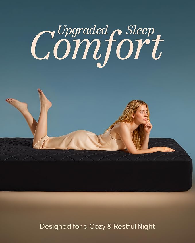 Quilted Fitted Mattress Pad, Queen Mattress Protector Topper with Deep Pocket Stretches up to 16 Inches, Machine Washable Mattress Cover by Utopia Bedding (Black)