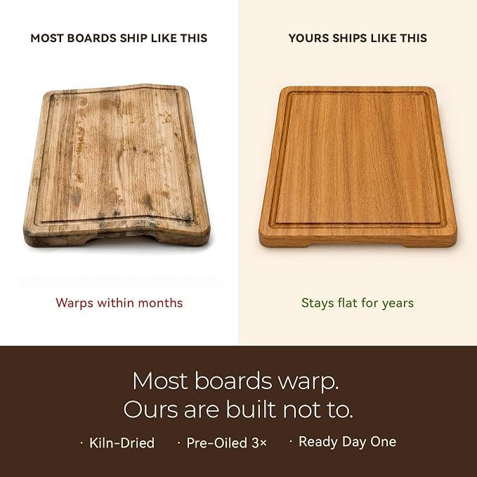 Non-toxic Acacia Wood Cutting Board Set of 3 for Kitchen | Kiln-Dried & Pre-Oiled 3x, Warp-Resistant Solid Acacia with Juice Groove, Handles & Anti-Slip Feets