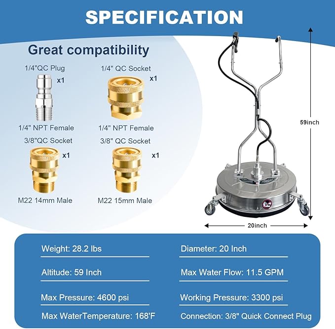20-inch Stainless Steel Pressure Washer Surface Cleaner, Heavy Duty 4-Wheel Driveway & Concrete Cleaner Attachment, Commercial-Grade 4600 PSI for Patios, Sidewalks, Decks
