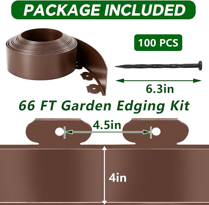 Garden Edging Border, 4In x 66 FT Landscape Edging with 100 Spikes, Brown | Plastic lawn edging, Tool-Free Installation, Flexible Landscaping Edging for Garden Flower Beds Yard Lawn Pathway Paver