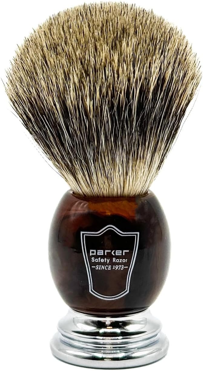 Parker 3-Band Pure Badger Shaving Brush with Faux Horn & Chrome Handle + Stand | 22mm Soft Knot for Dense Lather | Handcrafted Wet Shaving Brush for Cream or Soap | Long Loft