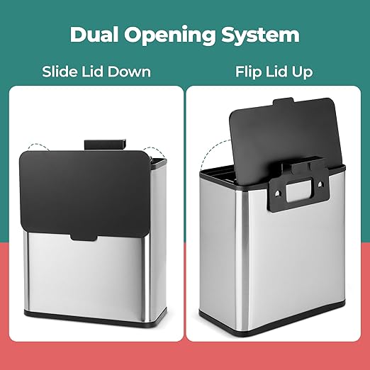 HOLDN’ STORAGE 6L Compost Bin Kitchen for Countertop, Hang-on Cabinet Door, Small Trash Can with Lid, Odor Control, Stainless Steel, Fingerprint-Resistant, for Bathroom, RV, Office