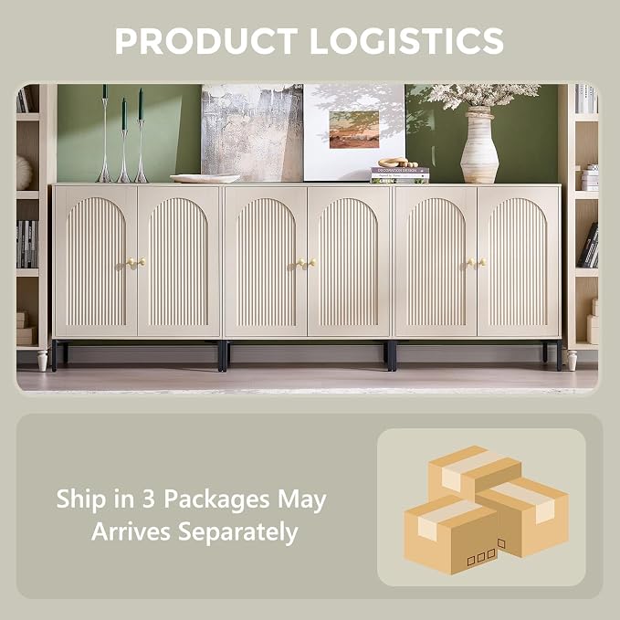 IFGET 92.63" W Modern Arched Sideboard Buffet Cabinet with Storage, Cream | Fluted Arch Sideboard Cabinet w/Adjustable Shelves, Wooden Modular Kitchen Cabinet for Dining& Living Room, Kitchen, Entryway