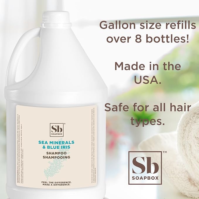 Soapbox Sea Minerals & Blue Iris Shampoo, Refill Bulk Size For Rentals, Guest Rooms & Hotels - Clean Ingredients Free of Harsh Chemicals, Sulfates, Parabens & Silicones - 1 Gallon Bottle