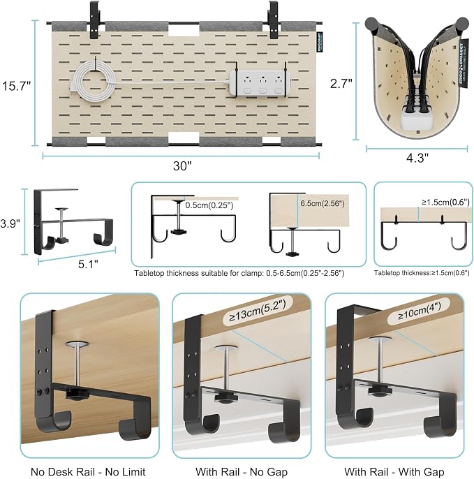 No Drill Under Desk Cable Management Tray,30" Felt Cord Organizer for Table | Clamp or Screw Mount, Converts to Privacy Panel, Pegboard Design, Wire Management for Standing Desk & Home Office