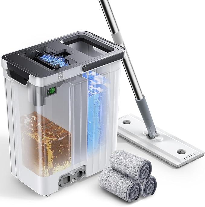 Mop and Bucket Set | Auto-Spray Cleaning | Dirty Water Separation Keep Water Fresh | Flat Mop & Bucket with Wringer | 3x Washable Pads | High-efficiency Cleaning for All Floors Tile Wall Window