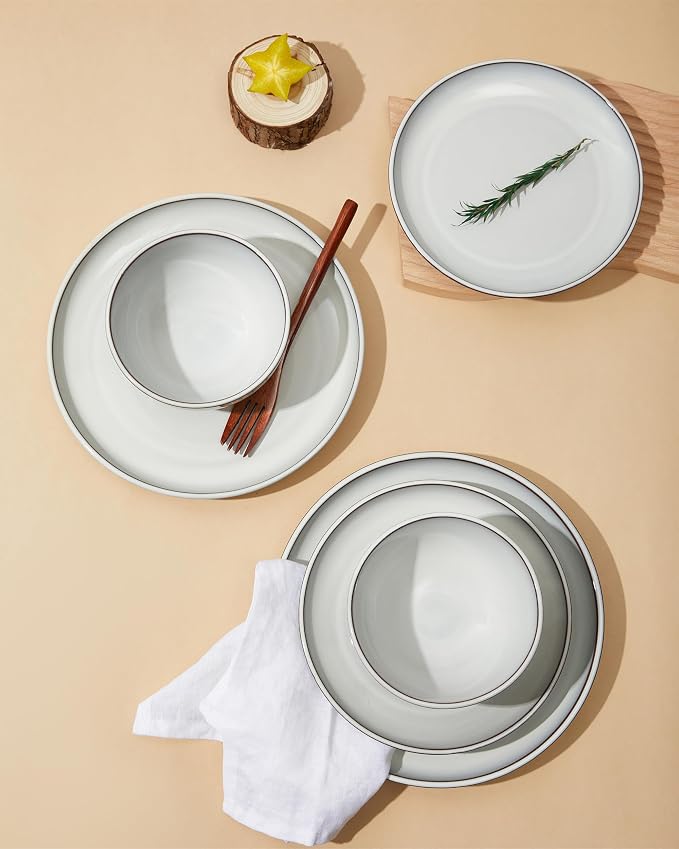 Pokini 18 Piece White Stoneware Dinnerware Set for 6, Santorini Mist Terracotta Plates and Bowls with Reactive Glaze, Microwave & Dishwasher Safe, Aesthetic Ceramic Dishes for Family Meals & Hosting