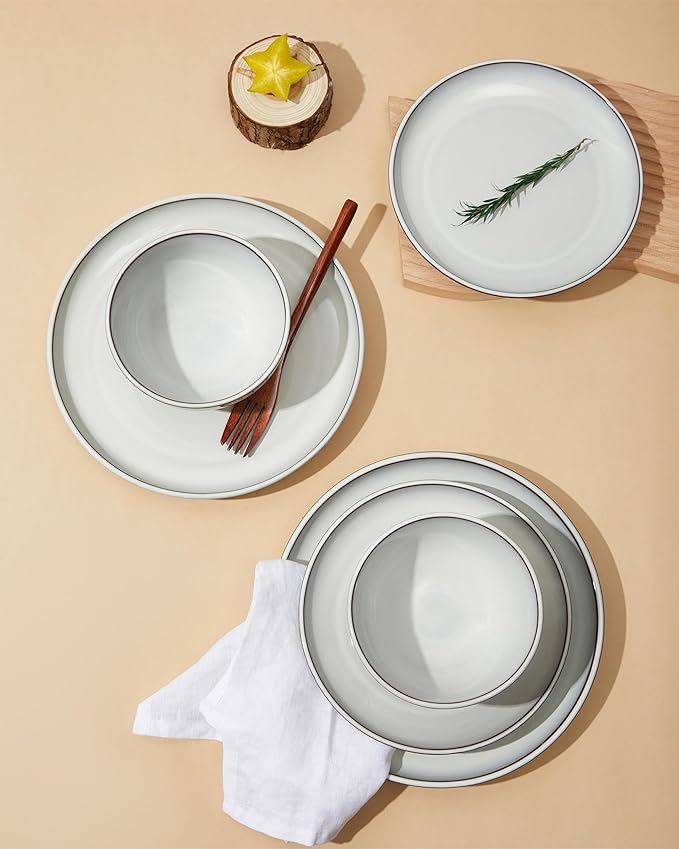 Pokini 24 Piece Stoneware Dinnerware Set for 8, Moonstone White Plates and Bowls Set, Reactive Glaze Ceramic Dish Set, Durable & Chip Resistant, Modern Rustic Look, Microwave & Dishwasher Safe