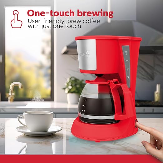 Holstein Housewares 5 Cup Drip Coffee Maker – Compact and User-Friendly with Auto Pause & Serve, Reusable Filter, Measuring Spoon & Glass Carafe, Office & Dorm Use, Red