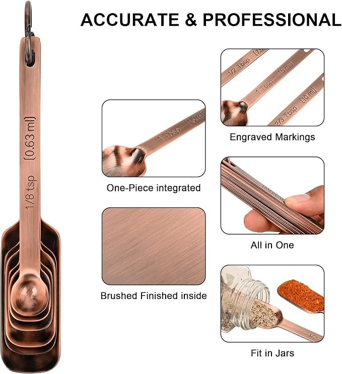 Measuring Cups and Spoons Set, Copper Measuring Cups and Spoons Set 17, Stainless Steel Metal 7 Measuring Cups and 9 Measuring Spoons with 1 Leveler for Kitchen & Baking