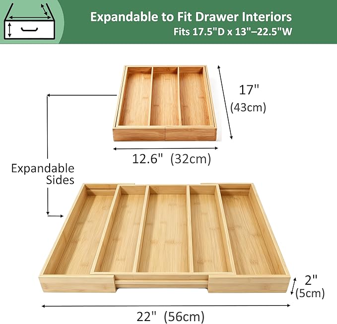 Utoplike Bamboo Expandable Kitchen Drawer Organizer, Adjustable Utensil Holder and Cutlery Tray Organiser, Drawer Divider for Silverware, Flatware, Knives in Kitchen, Bedroom, Living Room, 5 Slot