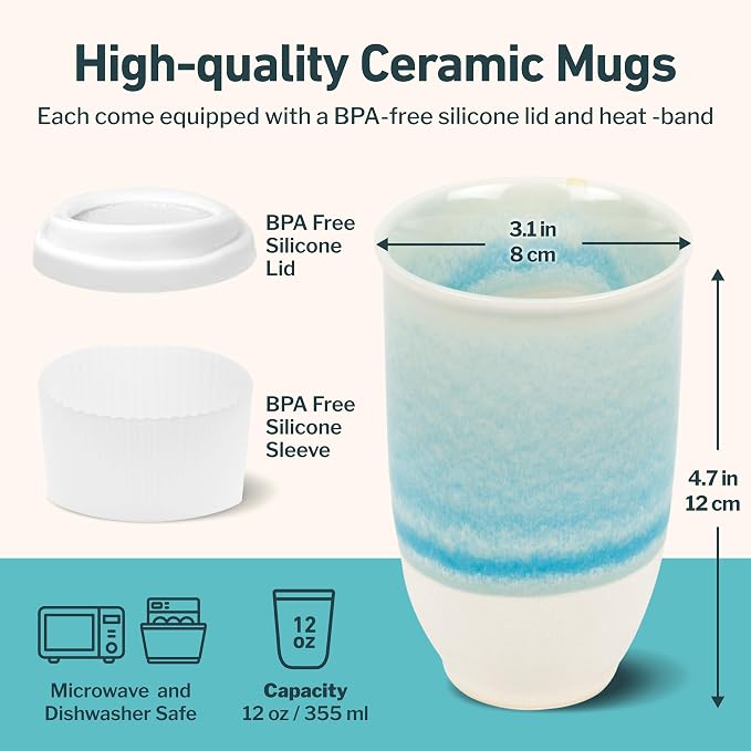 NOVA CERAMICS Travel Mug - Portable Coffee To Go Mug Microwave & Dishwasher Safe Coffee Cups Reusable - Gifts For Women Men Him Her 12oz - Lagoon