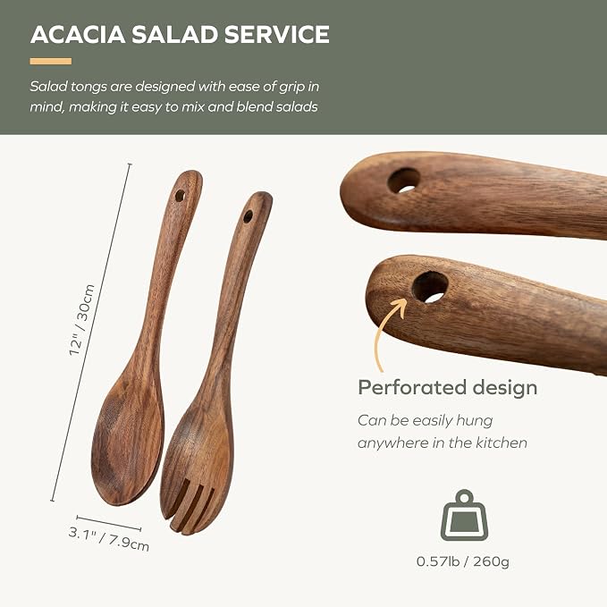 Muso Wood Acacia Salad Servers, 12-inch, Set of 2 | Wooden Salad Tongs for Serving Salad Mixes