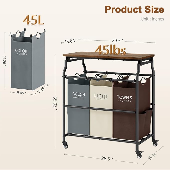 Hoctieon 3 Section Laundry Sorter with Iorning Board, Hamper with Wheels | Brown+Gray+Beige,Lockable Wheels, Laundry Basket Organizer, Heavy Duty Clothes Separator, Removable Bags,Rolling Laundry Cart
