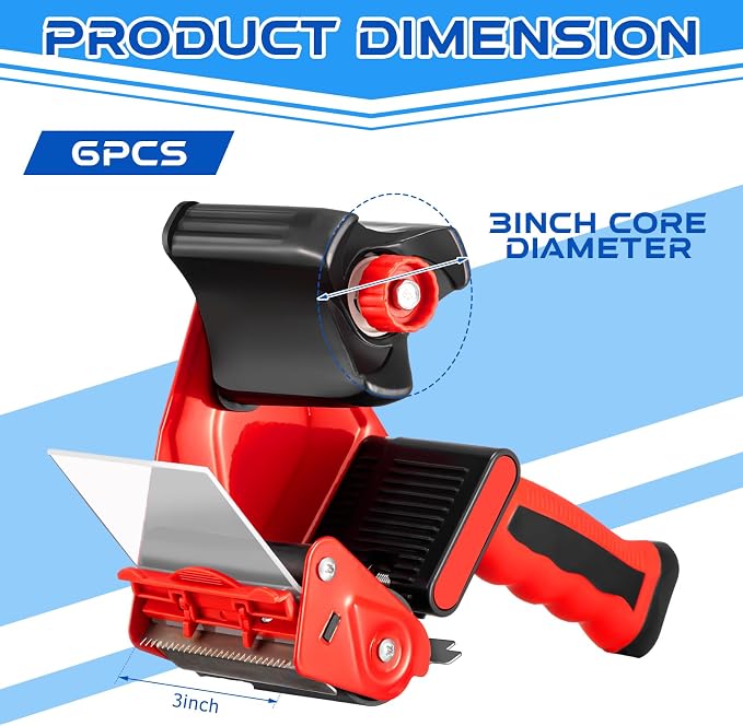 Hicarer 6 Pcs 3 Inch Packing Tape Gun Heavy Duty Tape Dispenser | Non Slip Silicone Handle, Portable for Shipping, Moving, Carton and Box Sealing