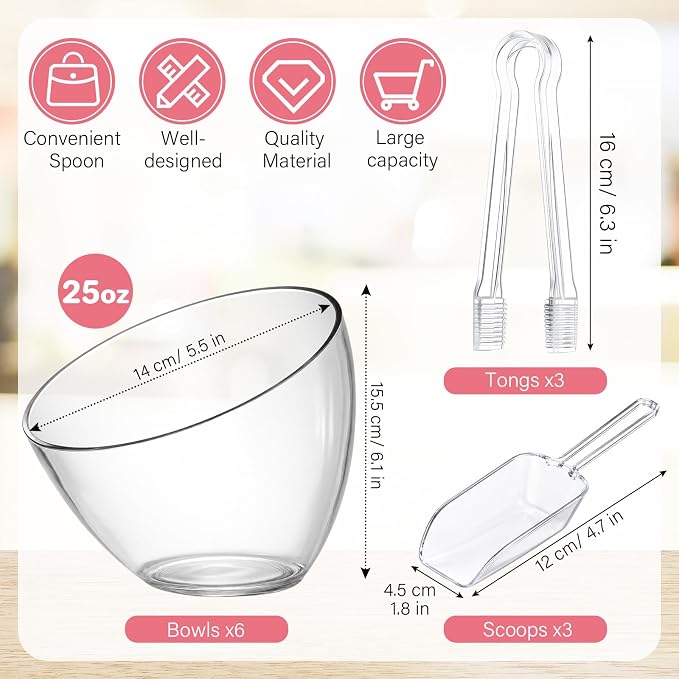 6 Pcs 25 oz Clear Plastic Serving Bowls with 3 Tongs and 3 Scoops Reusable Angled Candy Bar Containers for Candy Buffet Station Party Supplies Weddings Birthday Dessert Snack Bowl