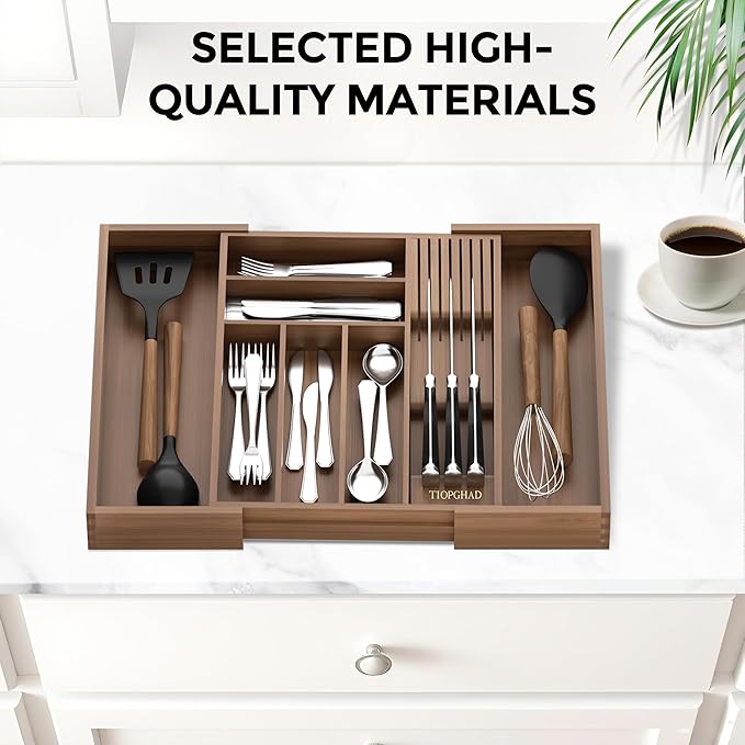 TIOPGHAD Bamboo-Silverware-Drawer-Organizer-Kitchen, Expandable Utensil Holder Cutlery Tray Flatware Organization Adjustable Wood Tableware Dividers Storage (with Removable Knife Block)(Brown)