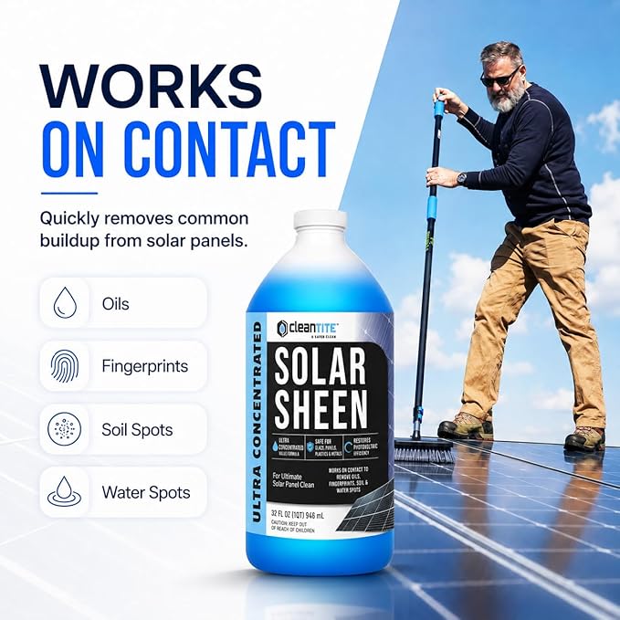 Solar Panel Cleaner 32 Oz (Makes 128 G) - Super Concentrated Cleaning Solution for Glass, Metal, Wood & Plastic - Remove Oil, Fingerprint & Water Spots - Multipurpose Solar Panel Cleaning