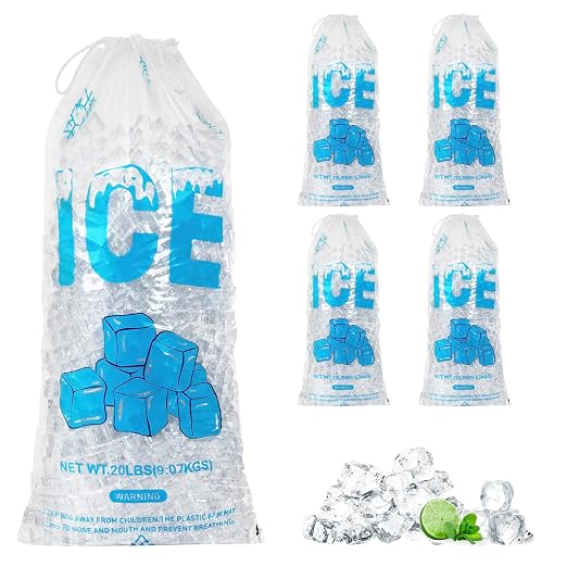 100 PACK 20 lb. Plastic Ice Bags with Cotton Draw String 14 x 28 Inch Heavy-Duty Plastic Ice Storage Bags with Draw String (2.8mil Thickness, Ice Cube pattern) | Heavy-Duty Plastic Ice Storage Bags with Draw String (2.8mil Thickness, Ice Cube pattern)
