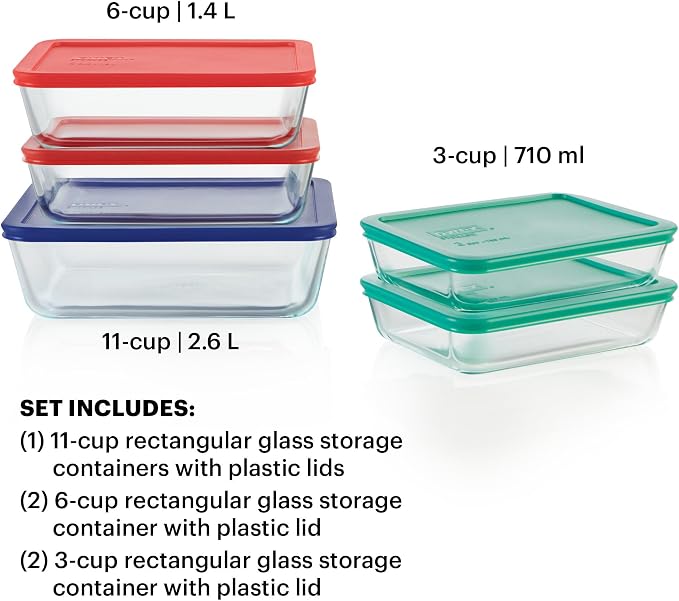 Pyrex Simply Store (5-Pack) Large Glass Food Storage Containers Set, (3, 6 & 11 Cup) Meal Prep Containers With Plastic BPA-Free Lids, Dishwasher & Microwave Safe | Meal Prep | Meal Containers | Nonporous Material | Resists Stains Or Odors | Stackable D...