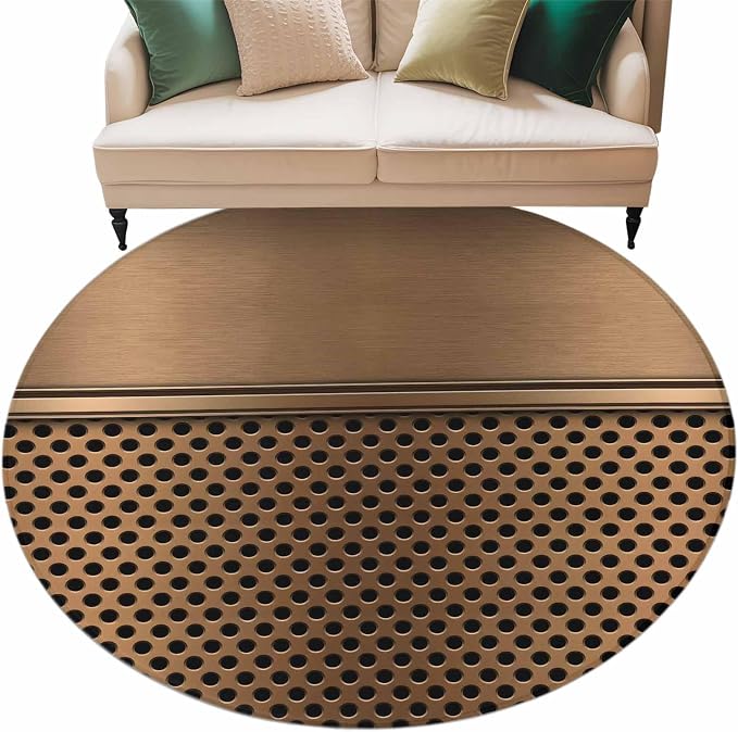 6 Ft Round Rug for Living Room, Brown Metal Hole Indoor Accent Rugs for Apartment, Modern Copper Net Eye Hole Pattern Decorative Circle Carpet Washable Low Pile Non Slip, Soft Rug for Bedroom