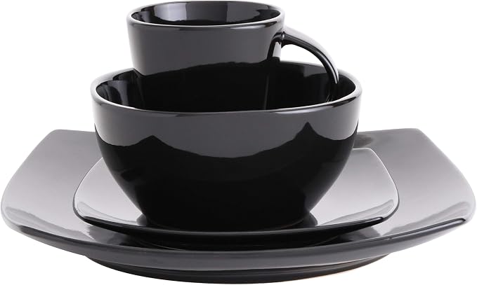 Gibson Elite Soho Lounge Square Reactive Glaze Stoneware Dinnerware Set, Service for 4 (16pc), Black