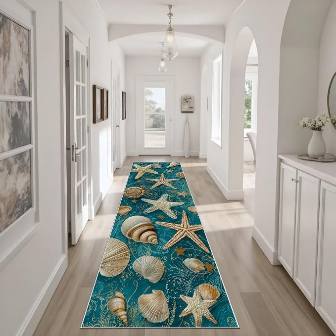 Seashell Starfish Conch Hallway Washable Runner Rug 2x7, Retro Ocean Kitchen Runner Rug Soft Non Slip Low Pile Floor Mat, Peacock Green Carpet for Entryway Corridor Laundry Bedside Rugs