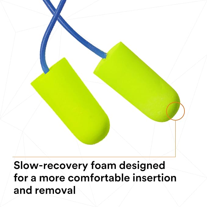 3M Ear Plugs, E-A-Rsoft Yellow Neons 311-1251, 200 Pair of Disposable Earplugs, Pairs Individually Wrapped, Slightly Longer, Corded, 33 NRR, Tapered Cylinder Shape, Slow Recovery Foam