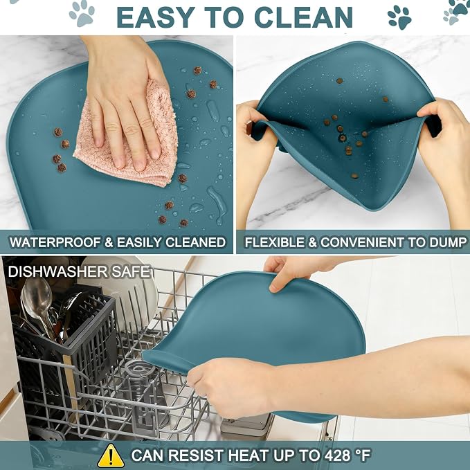SMILOOL Waterproof Silicone Pet Food Mat with Raised Edge for Dog & Cat | 12" x 12" Non-Slip Small Pet Feeding Mats with Lip for Food & Water Bowl, Food Grade, Easy Cleaning, Salte Blue