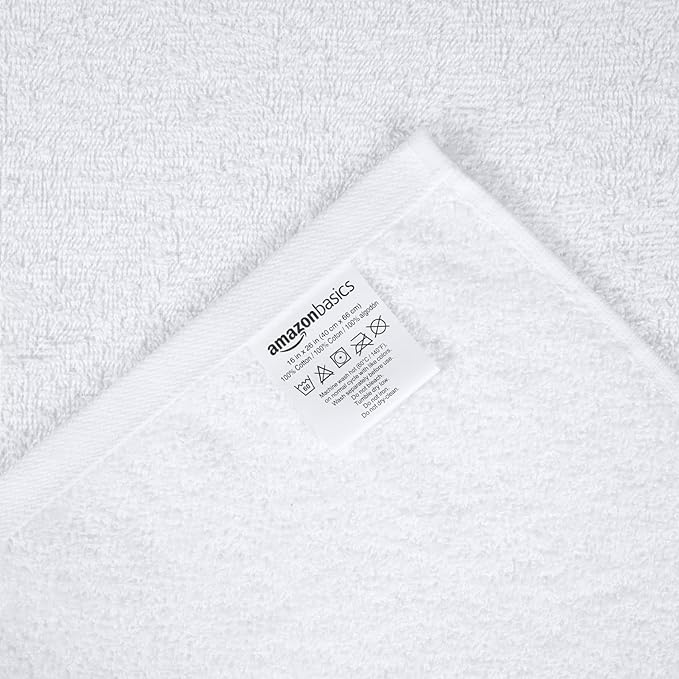 Amazon Basics Soft and Thick Cotton Hand Towels for Gym, Quick Drying, 16 x 26 in, White, 24-Pack
