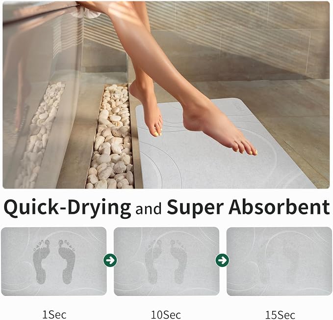XMarrat Stone Bath Mat, Quick Drying Diatomaceous Earth Bath Mat, Super Absorbent Stone Bath Mats for Bathroom, Non-Slip Diatomite Stone Bath Mat, Easy to Clean(23.6 x 15.4 Light Gray)